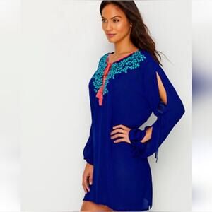La Blanca Leaf It To Me Swim Cover Up Cut Out Sleeves Royal Blue Teal Coral L